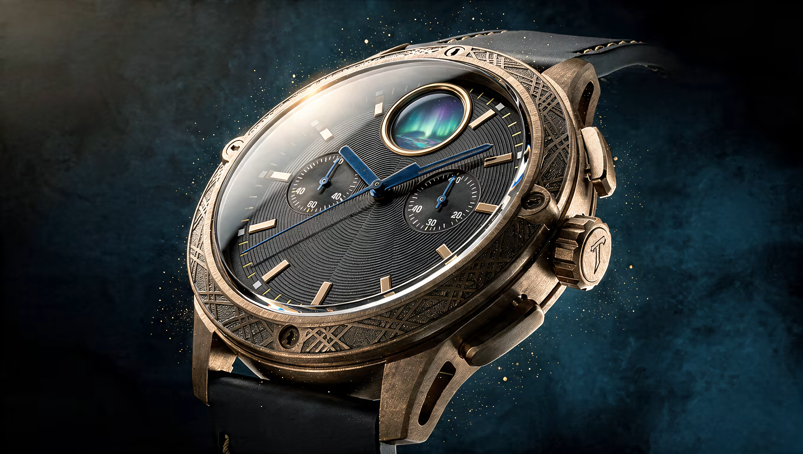 The Valemont Orrery, Ref. 1863 GS, in oxidized bronze, floating in near-darkness.